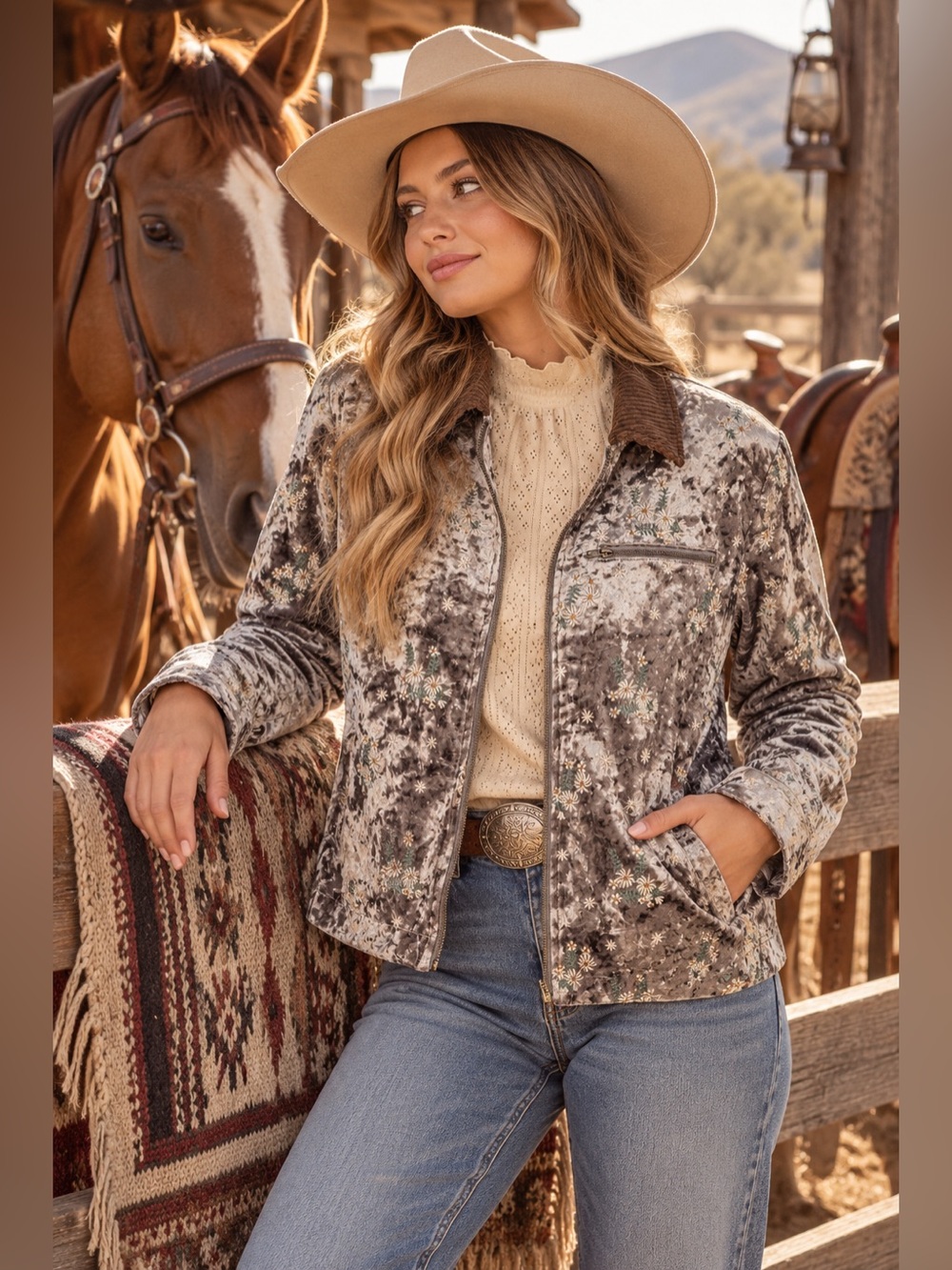 Silver floral embroidered corduroy trim Western horse boho barn coat jacket
